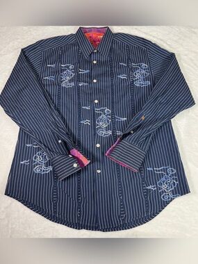 Robert Graham Blue Striped Embroidered Flip Cuff Shirt Men’s 2XL